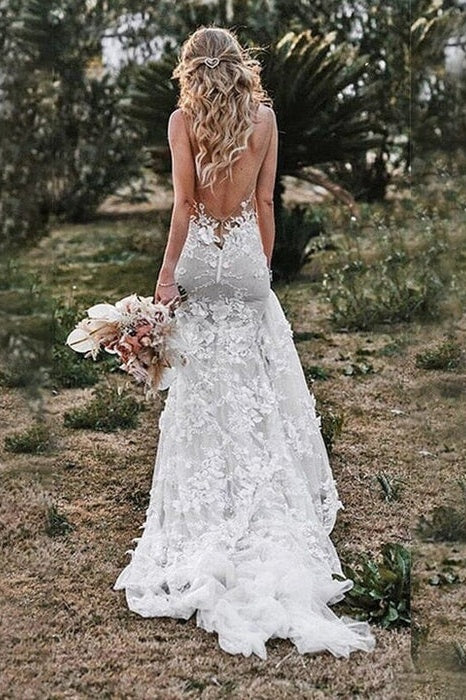 Trumpet Lace V-Neck Sleeveless Appliques Wedding Dress