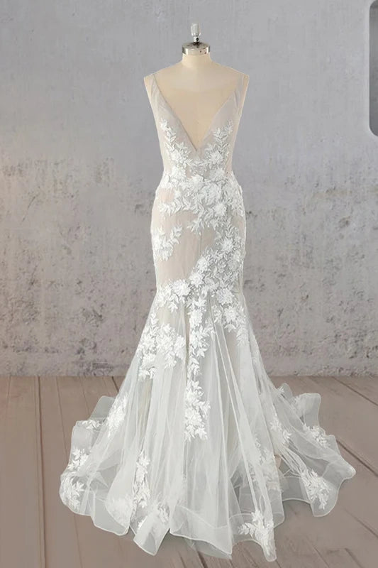 Trumpet Lace V-Neck Sleeveless Appliques Wedding Dress