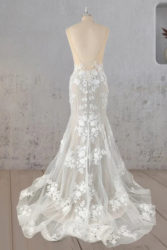 Trumpet Lace V-Neck Sleeveless Appliques Wedding Dress