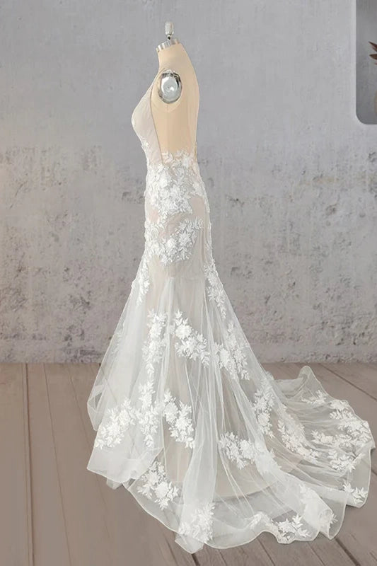 Trumpet Lace V-Neck Sleeveless Appliques Wedding Dress