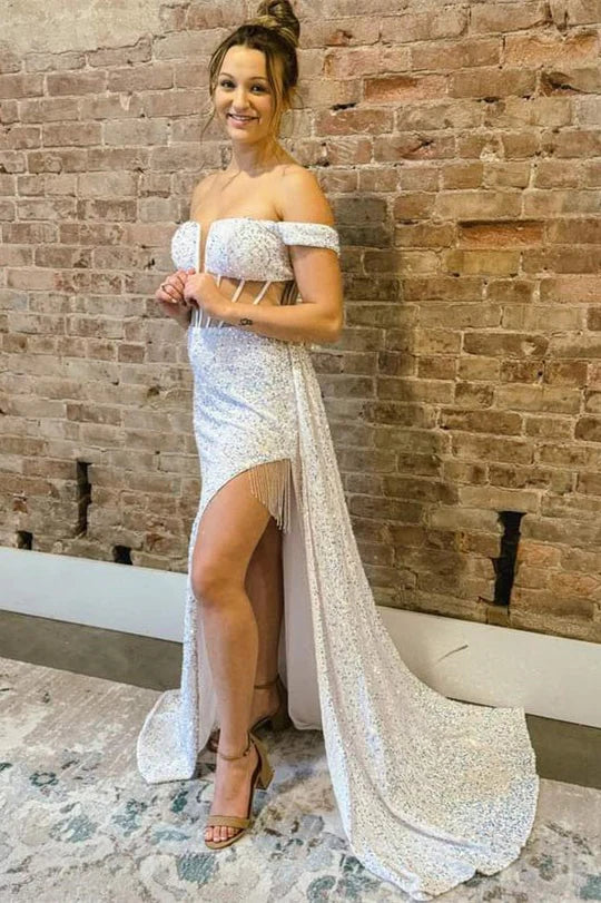 Trumpet Off-Shoulder Empire Sheer With Side Slit Sequins Prom Dress