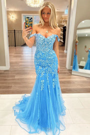 Trumpet Off-Shoulder Lace Appliques Tulle Prom Dress