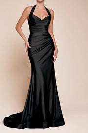 Trumpet Sweetheart Halter Ruched Long Bridesmaid Dress With Train