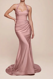 Trumpet Sweetheart Halter Ruched Long Bridesmaid Dress With Train