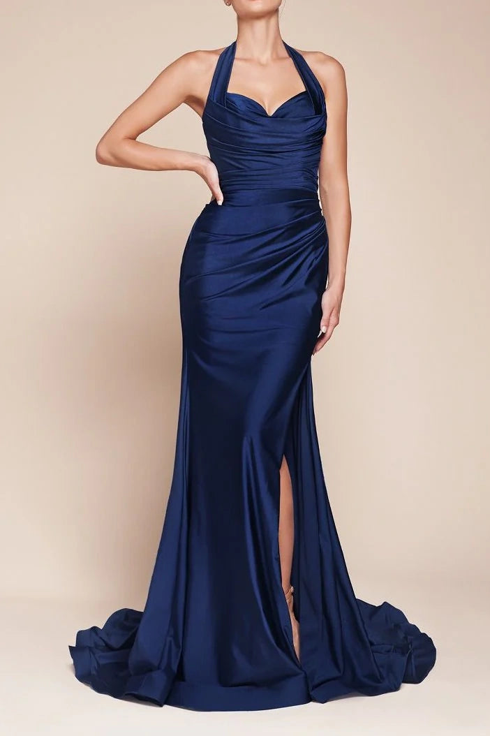 Trumpet Sweetheart Halter Ruched Long Bridesmaid Dress With Train