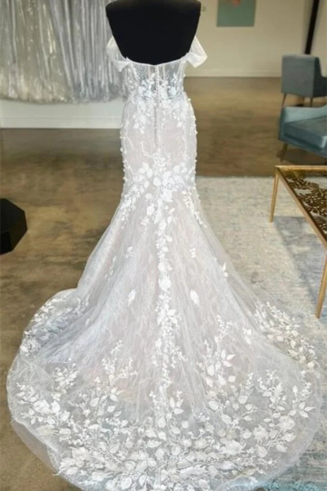 Trumpet Sweetheart Off-Shoulder Lace Appliques With Train Wedding Dress White / US 10 Trumpet Sweetheart Off-Shoulder Lace Appliques With Train Wedding Dress White / US 10
