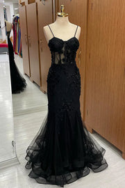 Trumpet Sweetheart Spaghetti Straps Appliques Prom Dress