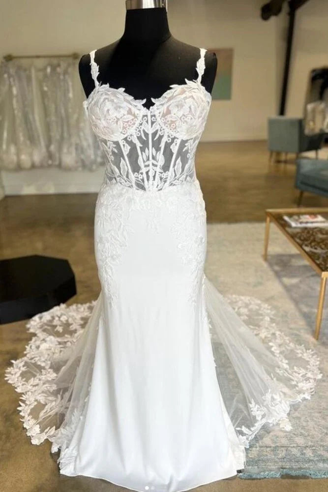 wedding dress sheer straps A-Line Wedding Gown A Sheer Corset Bodice With Lace Appliqu And Beaded Spaghetti Straps 18 / Off White
