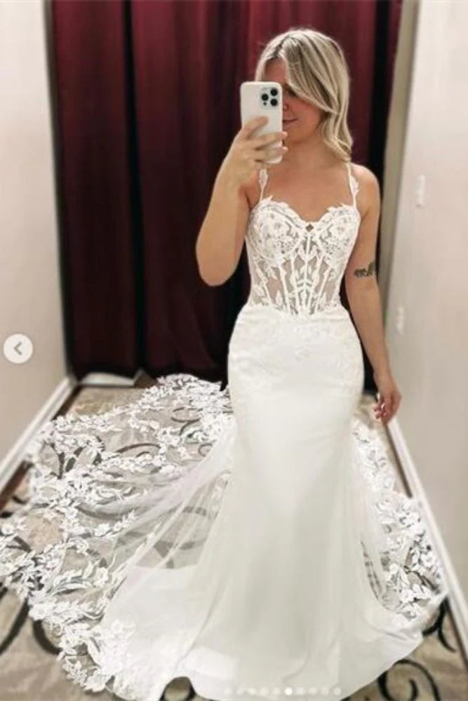 Trumpet Sweetheart Spaghetti Straps Sheer Empire With Train Wedding Dress