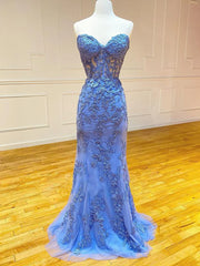 Trumpet Sweetheart Strapless Lace Appliques Prom Dress