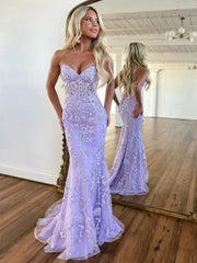 Trumpet Sweetheart Strapless Lace Appliques Prom Dress