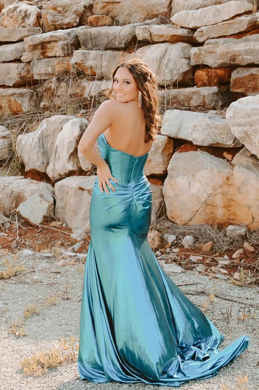 Trumpet Sweetheart Strapless Satin Empire Prom Dress With Side Slit