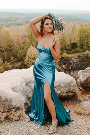 Trumpet Sweetheart Strapless Satin Empire Prom Dress With Side Slit