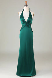 Trumpet V-Neck Halter Ruched Satin Bridesmaid Dress