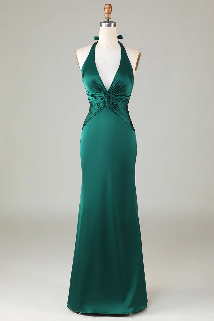 Trumpet V-Neck Halter Ruched Satin Bridesmaid Dress