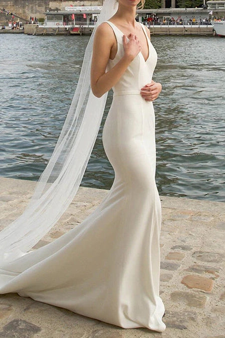 Trumpet V-Neck Sleeveless Open Back Wedding Dress With Detachable Bolero