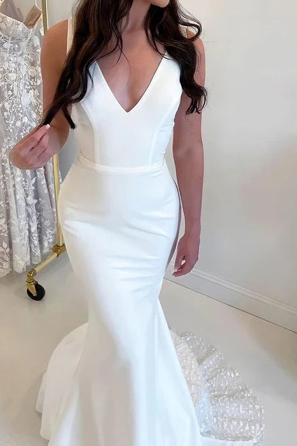 Trumpet V-Neck Sleeveless Open Back Wedding Dress With Train