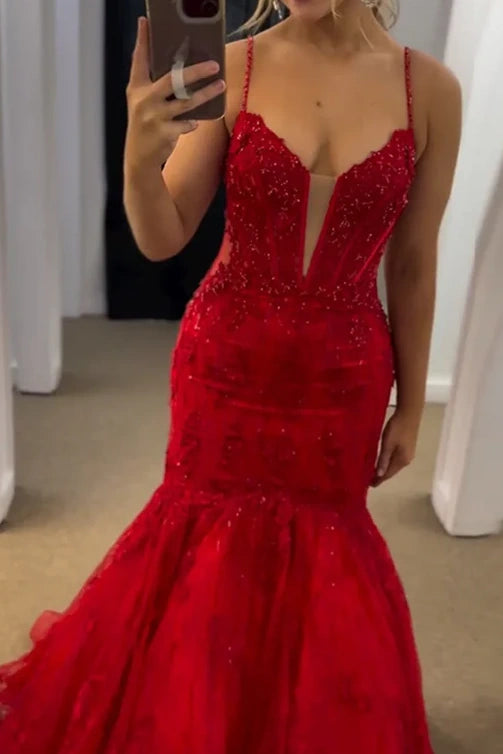 Trumpet V-Neck Spaghetti Straps Appliques Long Formal Dress