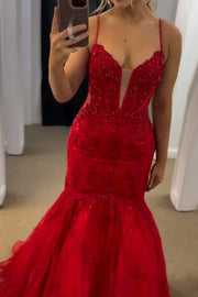 Trumpet V-Neck Spaghetti Straps Appliques Long Formal Dress