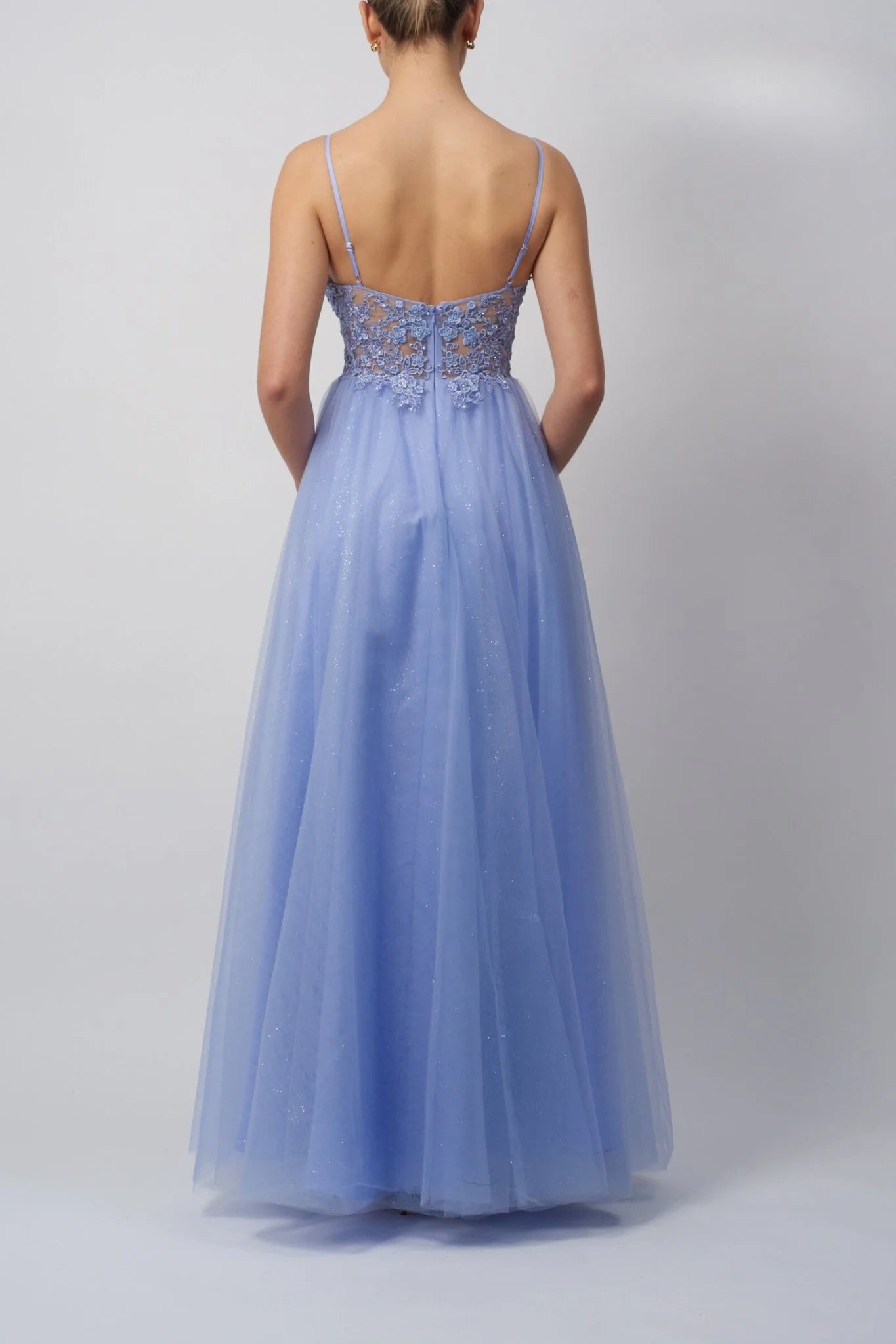 Tulle A-Line Bateau Spaghetti Straps Appliues Party Prom Dress