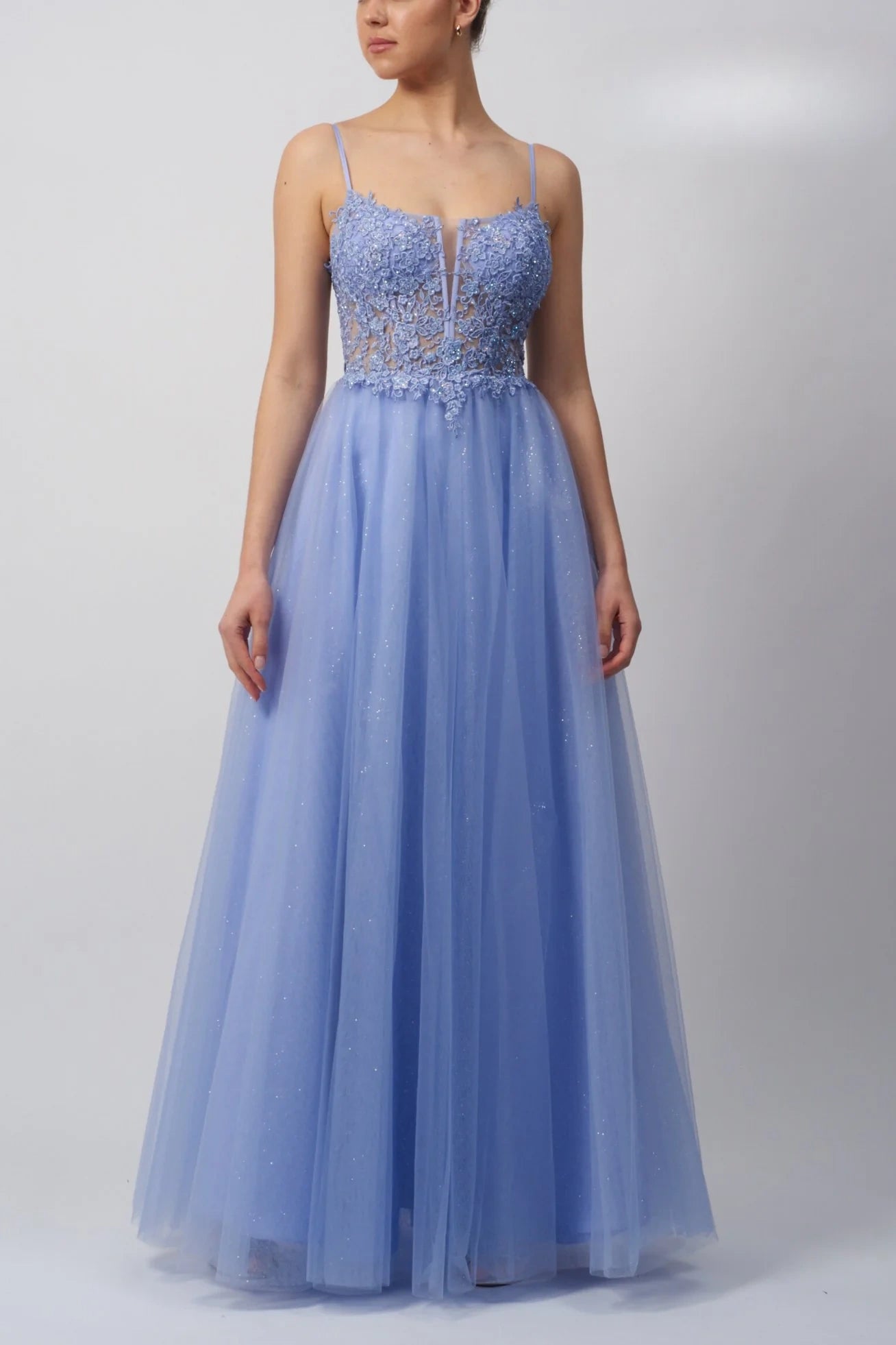 Tulle A-Line Bateau Spaghetti Straps Appliues Party Prom Dress