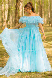 Tulle A-Line Empire Off-Shoulder Long Party Prom Dress