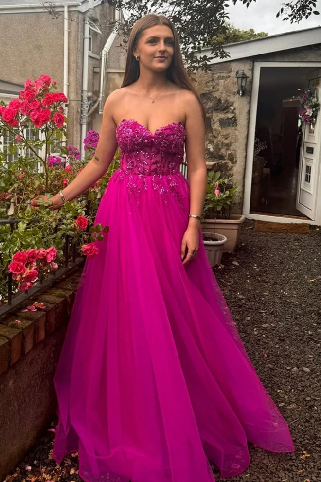 Tulle A-Line Empire Sweetheart Strapless Appliques Party Prom Dress