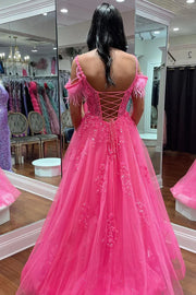 Tulle A-Line Feathers Off-Shoulder Appliques Prom Dress