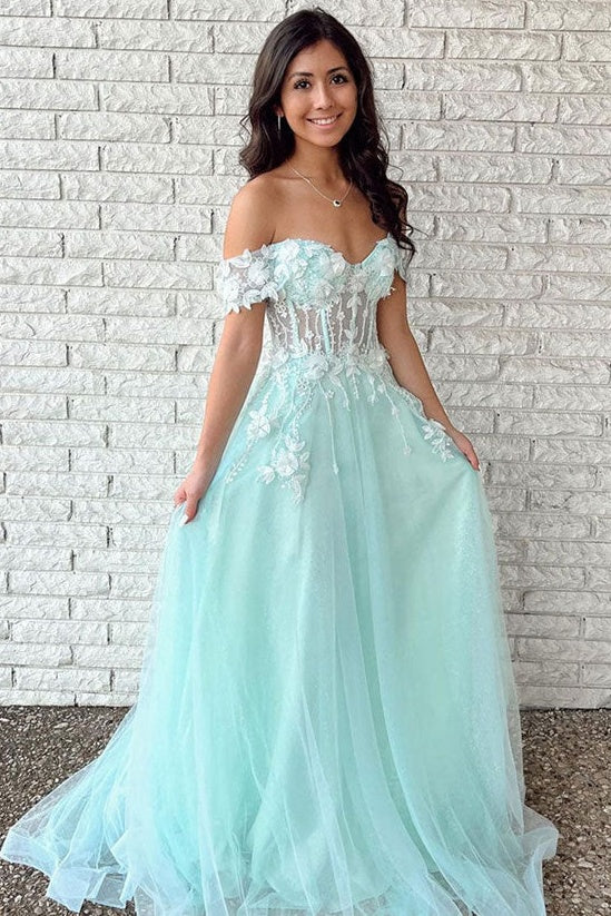 Tulle A-Line Floral Appliques Off-Shoulder Prom Dress