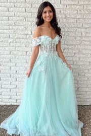 Tulle A-Line Floral Appliques Off-Shoulder Prom Dress