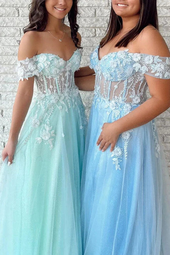 Tulle A-Line Floral Appliques Off-Shoulder Prom Dress