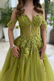 Tulle A-Line Lace Appliques Off-Shoulder Party Prom Dress