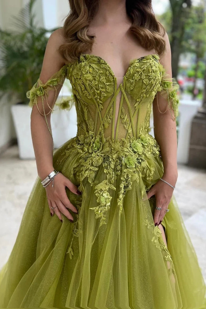 Tulle A-Line Lace Appliques Off-Shoulder Party Prom Dress