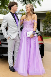 Tulle A-Line Lace Appliques Off-Shoulder Party Prom Dress