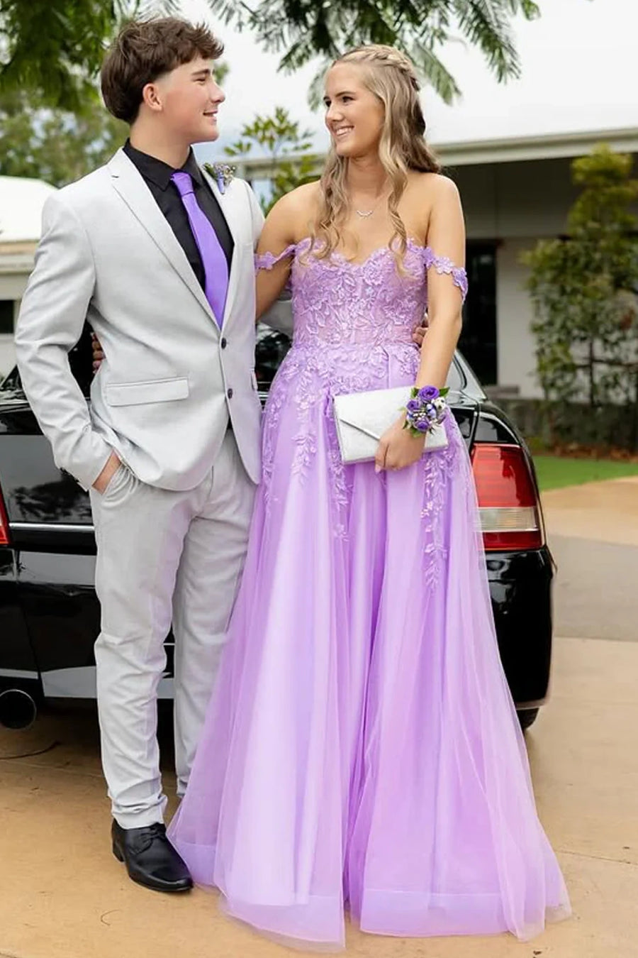 Tulle A-Line Lace Appliques Off-Shoulder Party Prom Dress