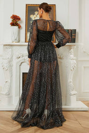 Tulle A-Line Long Sleeves Scoop Party Evening Dress