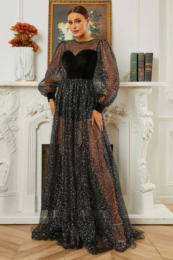 Tulle A-Line Long Sleeves Scoop Party Evening Dress