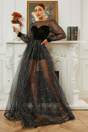 Tulle A-Line Long Sleeves Scoop Party Evening Dress