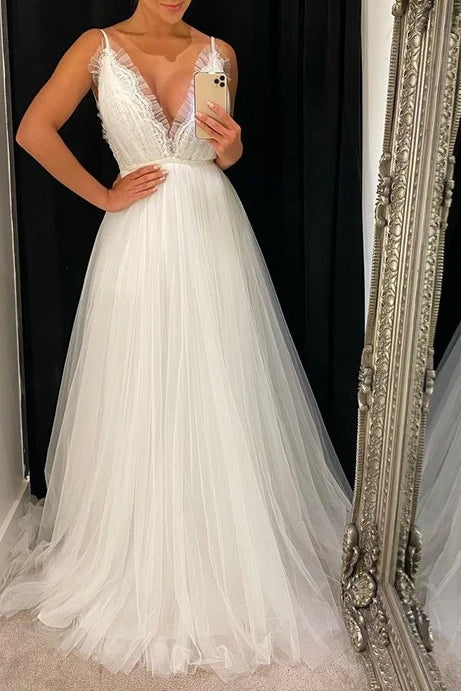 Tulle A-Line Low V-Neck Backless Beach Wedding Dress White / Custom Size