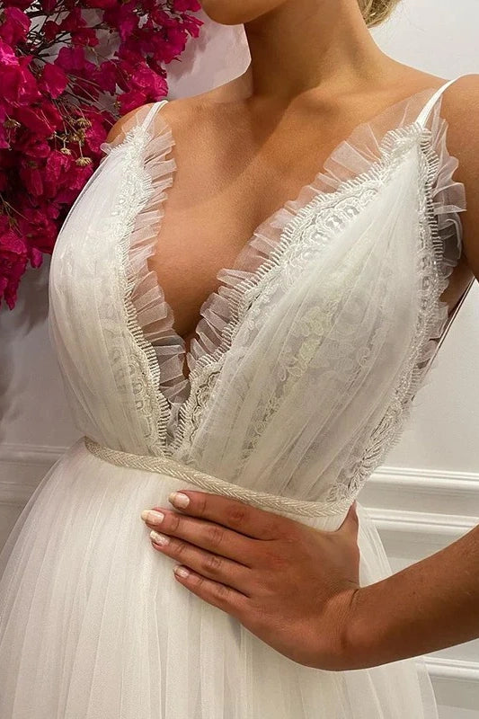 Tulle A-Line Low V-Neck Backless Beach Wedding Dress White / Custom Size