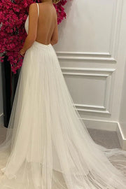 Tulle A-Line Low V-Neck Backless Beach Wedding Dress