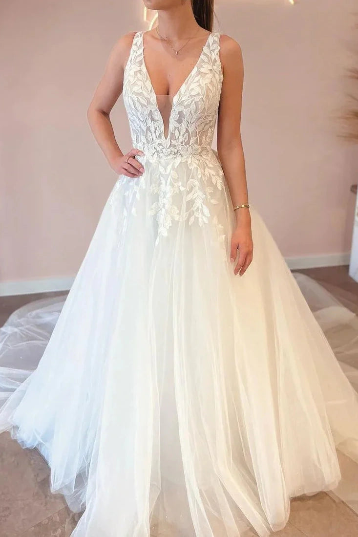 Tulle A-Line Low V-Neck Sleeveless Appliques Long Wedding Dress White / US 4 Tulle A-Line Low V-Neck Sleeveless Appliques Long Wedding Dress White / US 4
