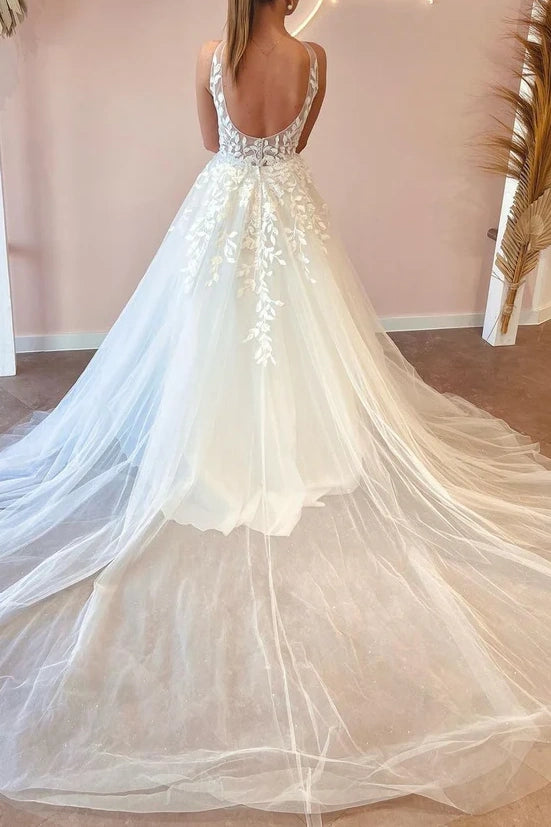 Tulle A-Line Low V-Neck Sleeveless Appliques Long Wedding Dress