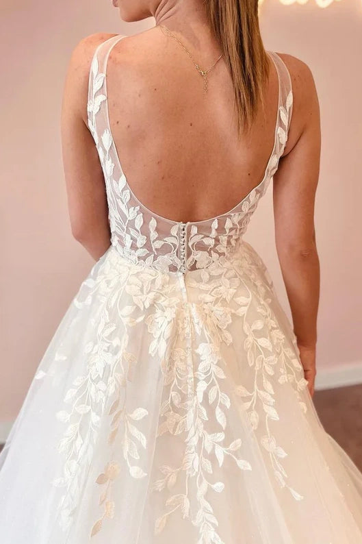 Tulle A-Line Low V-Neck Sleeveless Appliques Long Wedding Dress White / US 4 Tulle A-Line Low V-Neck Sleeveless Appliques Long Wedding Dress White / US 4