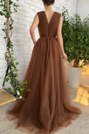 Tulle A-Line Low V-Neck Sleeveless Empire Long Party Prom Dress