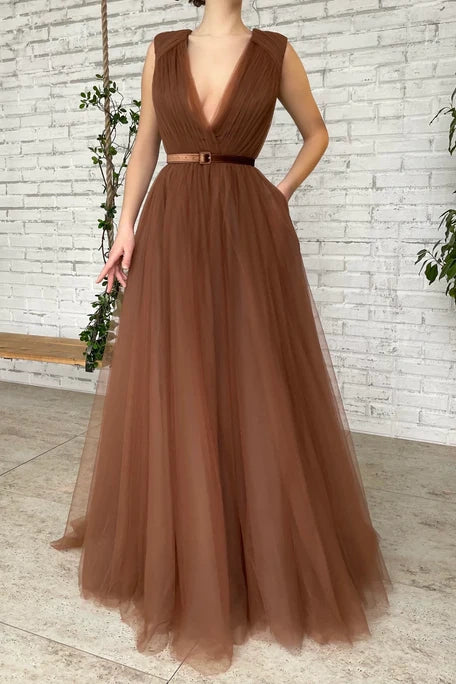 Tulle A-Line Low V-Neck Sleeveless Empire Long Party Prom Dress