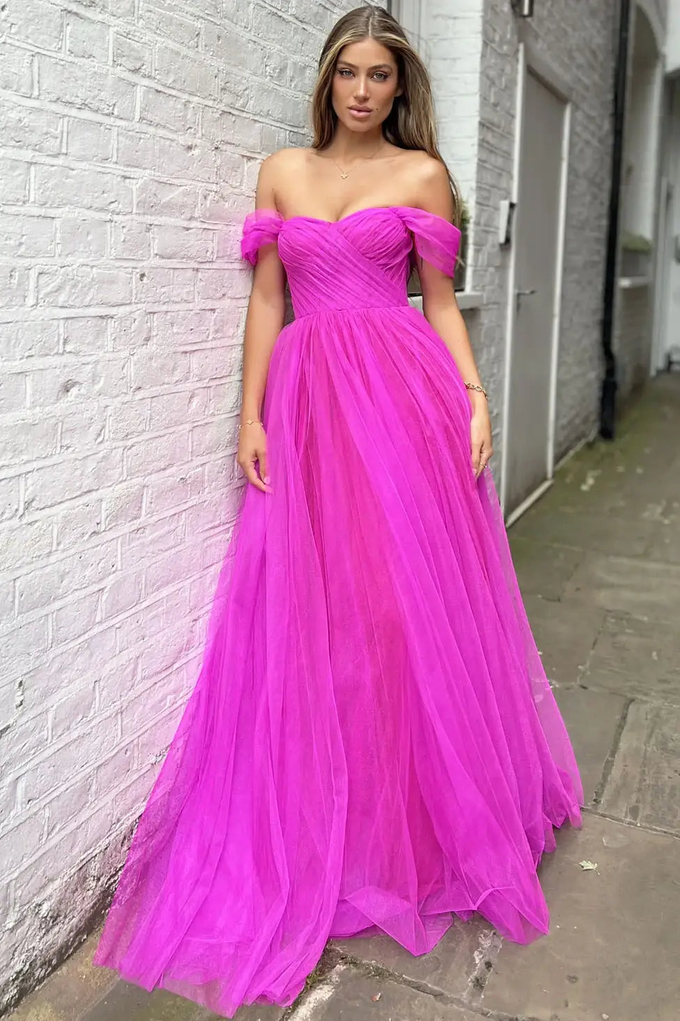 Tulle A-Line Off-Shoulder Empire Long Party Prom Dress