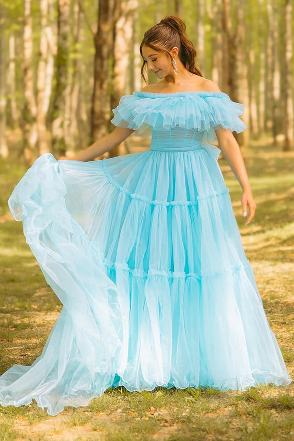 Tulle A-Line Off-Shoulder Empire Party Prom Dress