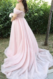 Tulle A-Line Off-Shoulder Empire Pink Wedding Dress