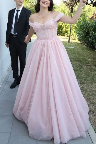 Tulle A-Line Off-Shoulder Empire Pink Wedding Dress